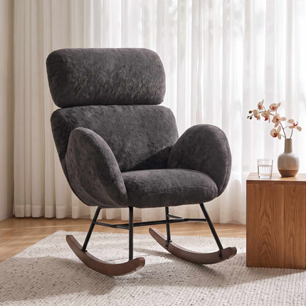 Upholstered Rocking Chair for Reading, Adjustable Headrest, Dark Grey