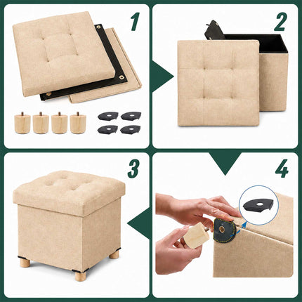 Upholstered Storage Cube Stool with Padded Seat, Beige, 38 cm