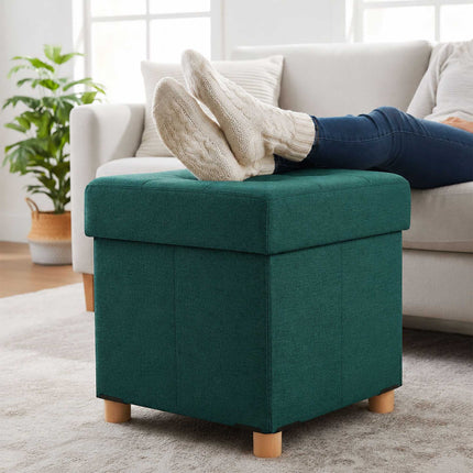 Upholstered Storage Cube Stool with Padded Seat, Dark Green, 38 cm