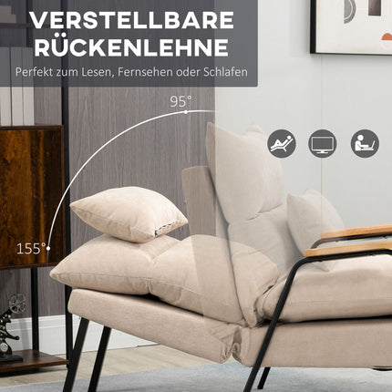 Fotoliu tapitat cu taburet, fotoliu rabatabil cu functie de inclinare, scaun tapitat, perna, fotoliu TV, 68 x 91,5 x 88 cm, bej