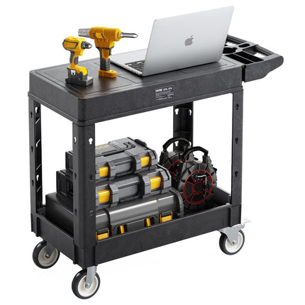 Utility Cart, 2-Tier Plastic, 550-Lb, Locking Casters