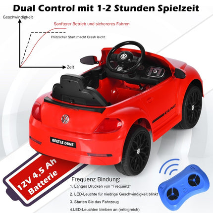 Mașină pentru copii VW Beetle cu muzică și 2 moduri de iluminare, inclusiv telecomandă 2.4G roșie
