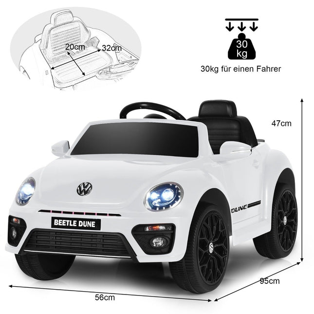 Mașină pentru copii VW Beetle cu muzică și 2 moduri de iluminare, inclusiv telecomandă 2.4G albă