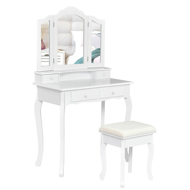 Set de toaletă Vanity cu scaun, oglindă triplă, 4 sertare