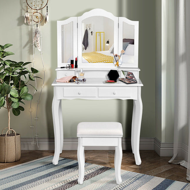 Set de toaletă Vanity cu scaun, oglindă triplă, 4 sertare
