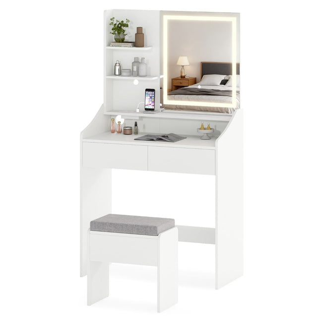 Set de toaletă cu oglindă, lumini LED și taburet de depozitare, alb