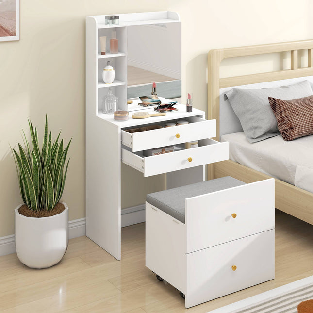 Set masă de toaletă cu oglindă, scaun de depozitare, alb 60 cm