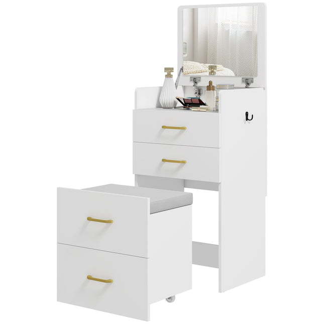 Set de masă de toaletă cu oglindă, noptieră, scaun, alb