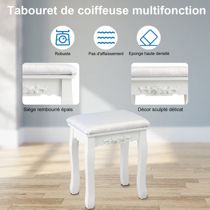 Masă de toaletă cu oglindă LED, 4 sertare și taburet, albă