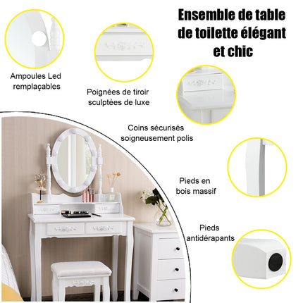 Masă de toaletă cu oglindă LED, 4 sertare și taburet, albă
