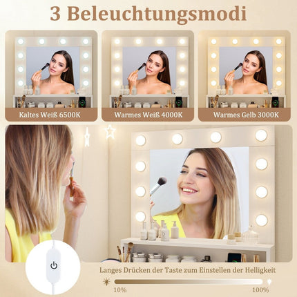 Masă de toaletă cu iluminare LED reglabilă și oglindă