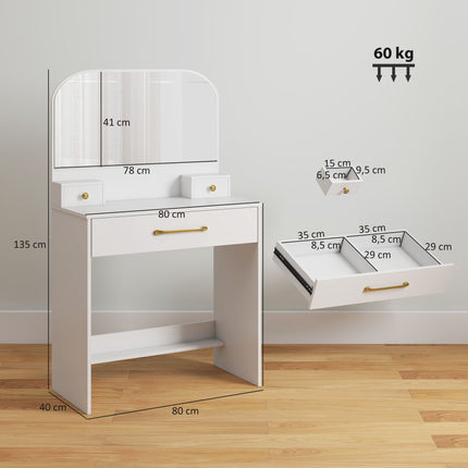 Masă de toaletă cu oglindă, 3 sertare, albă, design compact