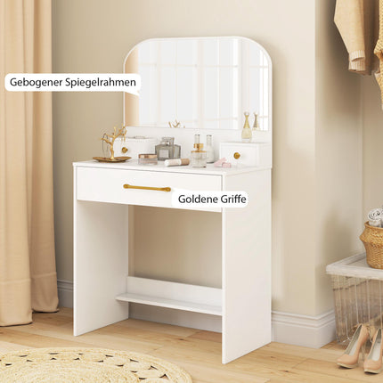Masă de toaletă cu oglindă, 3 sertare, albă, design compact