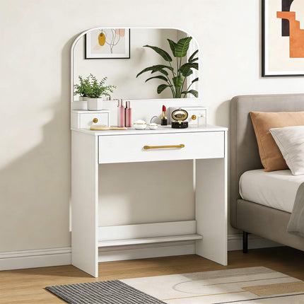 Masă de toaletă cu oglindă, 3 sertare, albă, design compact