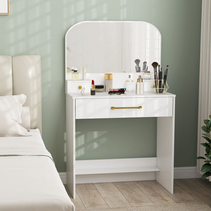Masă de toaletă cu oglindă, 3 sertare, albă, design compact