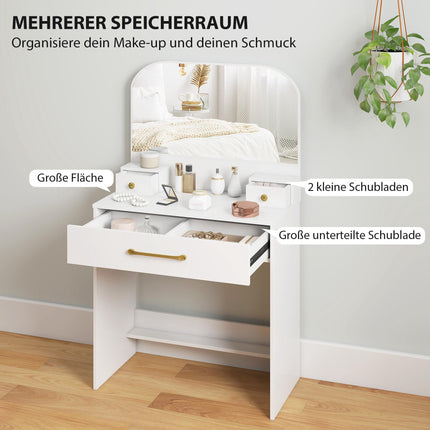 Masă de toaletă cu oglindă, 3 sertare, albă, design compact