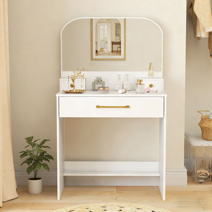 Masă de toaletă cu oglindă, 3 sertare, albă, design compact