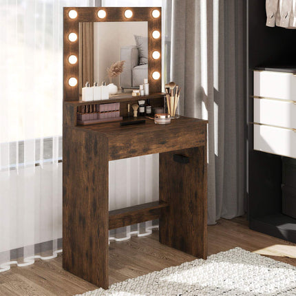 Masă de toaletă cu oglindă, lumini LED, maro rustic