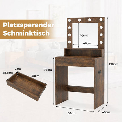 Masă de toaletă cu oglindă, lumini LED, maro rustic