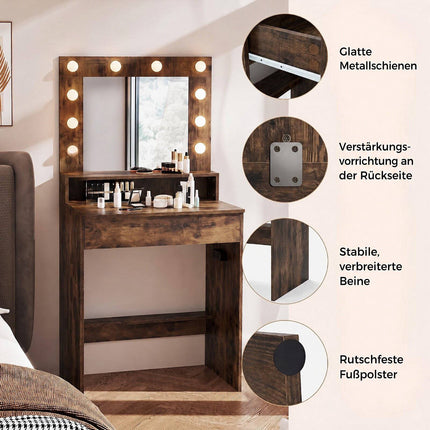 Masă de toaletă cu oglindă, lumini LED, maro rustic
