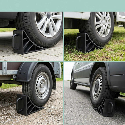 Cale de blocare a roților pentru vehicule, pachet de 4 cu mâner, plastic negru