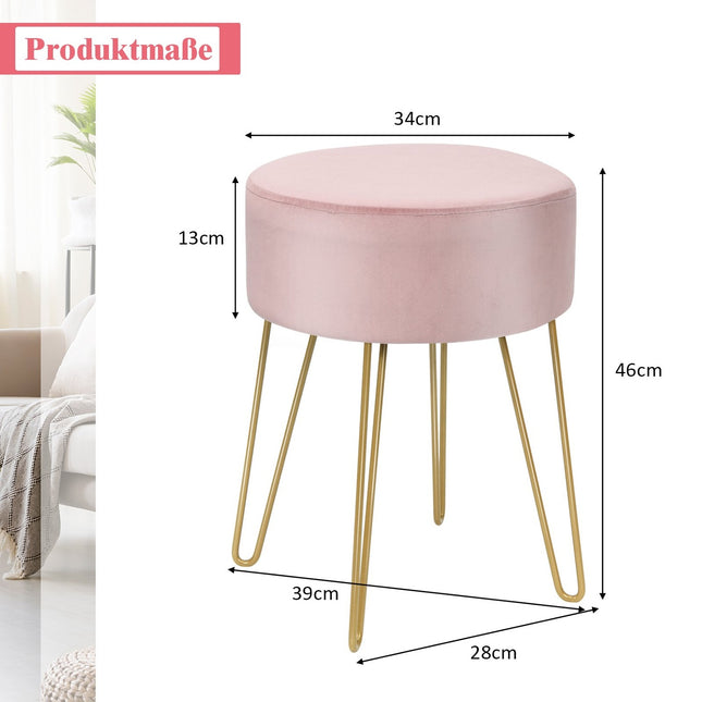 Otoman din catifea cu picioare metalice - taburet rotund, roz