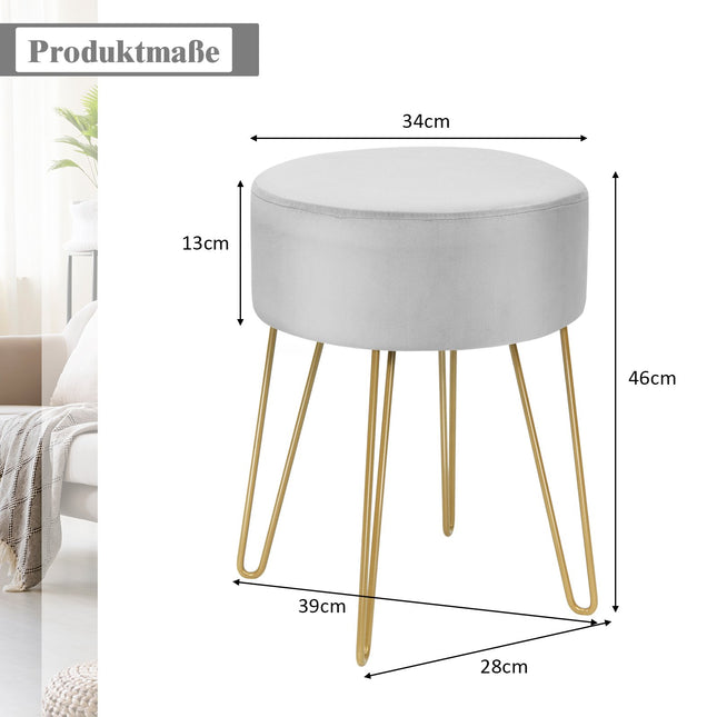 Otoman din catifea cu picioare metalice - Taburet rotund gri
