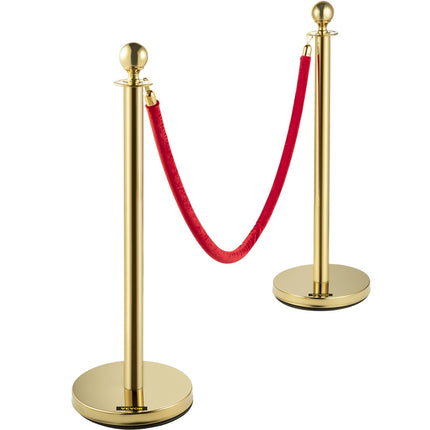 Velvet Rope Stanchion Set, Gold Posts, 5 Ft Red Rope, 4-Pack