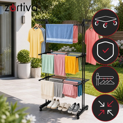 Vertical Clothes Dryer 178 cm with 3 Levels and Wheels, Foldable, Iron Frame