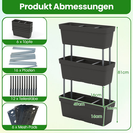 Set jardiniere verticale cu drenaj, 6 cutii negre