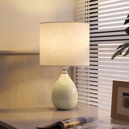 Vintage Table Lamp with Ceramic Base and Linen Shade, E27, Cream White, 35 cm