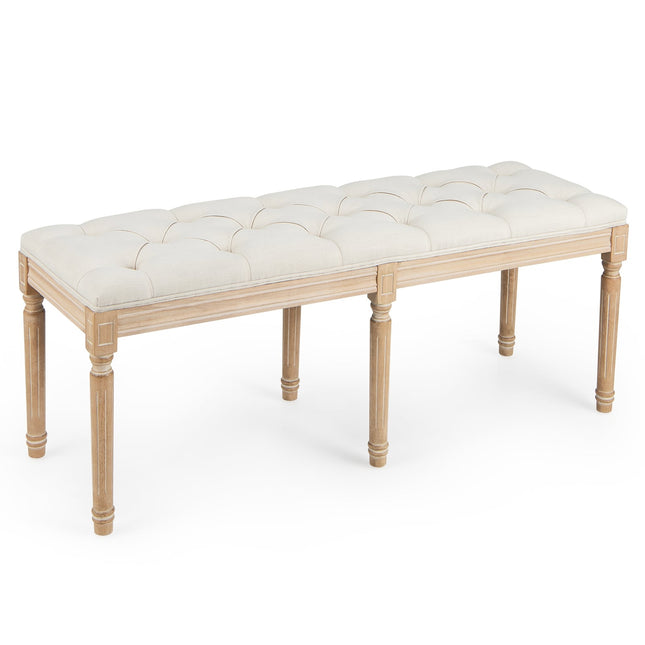 Bancă tapițată vintage, 120 cm, picioare din lemn de cauciuc, bej