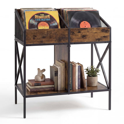 Vinyl Record Storage Rack Holds Up to 250 Albums, Rustic Brown, Anti-Tip Kits