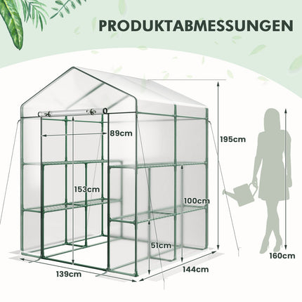 Seră walk-in cu 8 rafturi, capac PVC, 139x144x195 cm