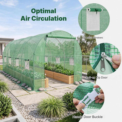 Walk-In Tunnel Greenhouse 15 x 7 x 7 ft with 8 Mesh Windows, Green, PE Cover