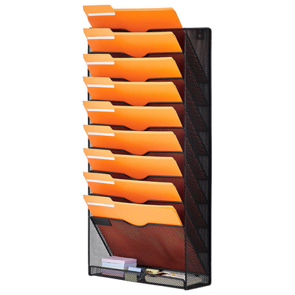 Wall File Organizer, 10-Pocket Mesh Metal Holder, Labels