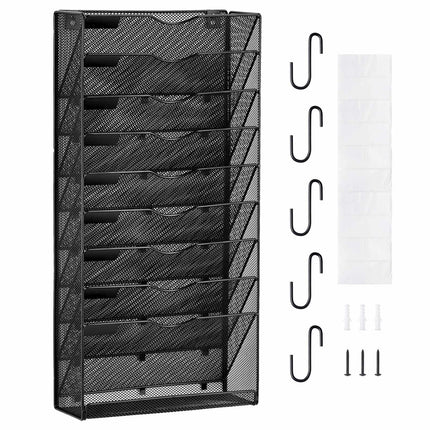 Wall File Organizer, 10-Pocket Mesh Metal Holder, Labels