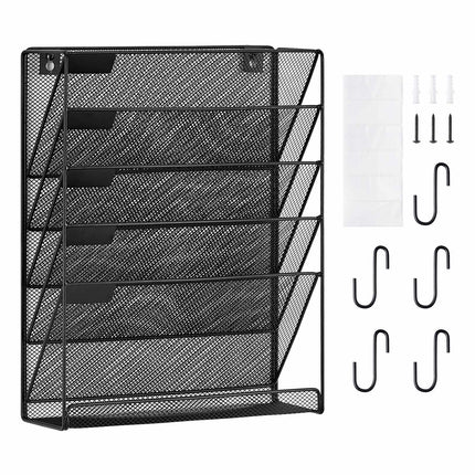 Wall File Organizer, 6-Pocket Mesh Metal, Label Tabs