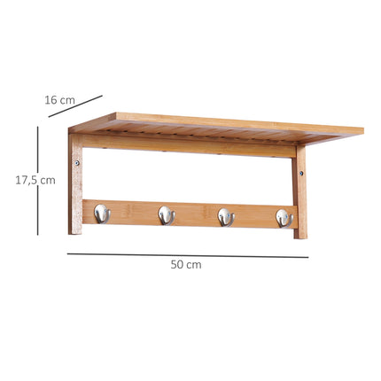 Cuier de haine montat pe perete, lemn natural, 4 cârlige, capacitate 5 kg