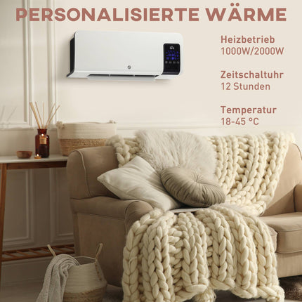 Încălzitor electric de perete, cu oscilație, temporizator, alb