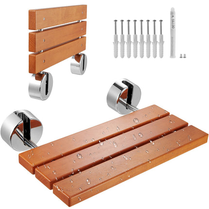 Wall-Mounted Folding Teak Shower Seat, 440 lb Capacity