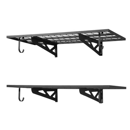 Wall-Mounted Garage Shelving, 2-Tier Steel, 48 x 24 in, Hooks
