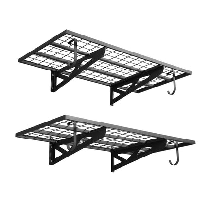 Wall-Mounted Garage Shelving, 2-Tier Steel, 48 x 24 in, Hooks