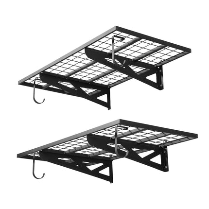 Wall-Mounted Garage Shelving, 2-Tier Steel, 48 x 24 in, Hooks