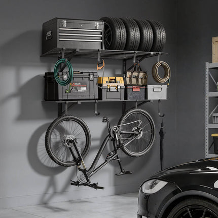 Wall-Mounted Garage Shelving, 2-Tier Steel, 520 lb, Hooks