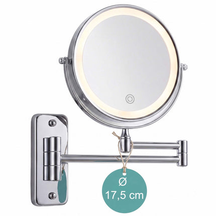 Wall-Mounted LED Cosmetic Mirror, 10x Magnification, Silver