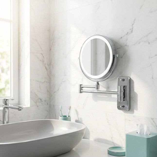 Wall-Mounted LED Mirror, 10x Magnifying, Silver