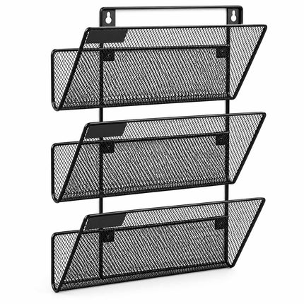 Wall-Mounted Magazine Holder with 3 Tiers, Black Iron, Screws Included