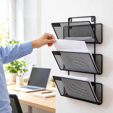 Wall-Mounted Magazine Holder with 3 Tiers, Black Iron, Screws Included