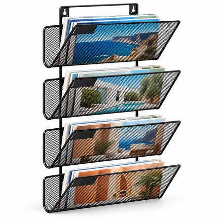 Wall-Mounted Magazine Holder with 4 Tiers, Black Iron, Screws Included